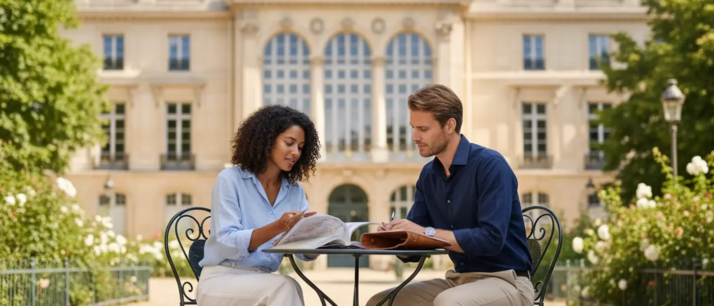 Professeure expliquant des mathématiques sur un tableau blanc à un élève dans un bureau moderne à Paris