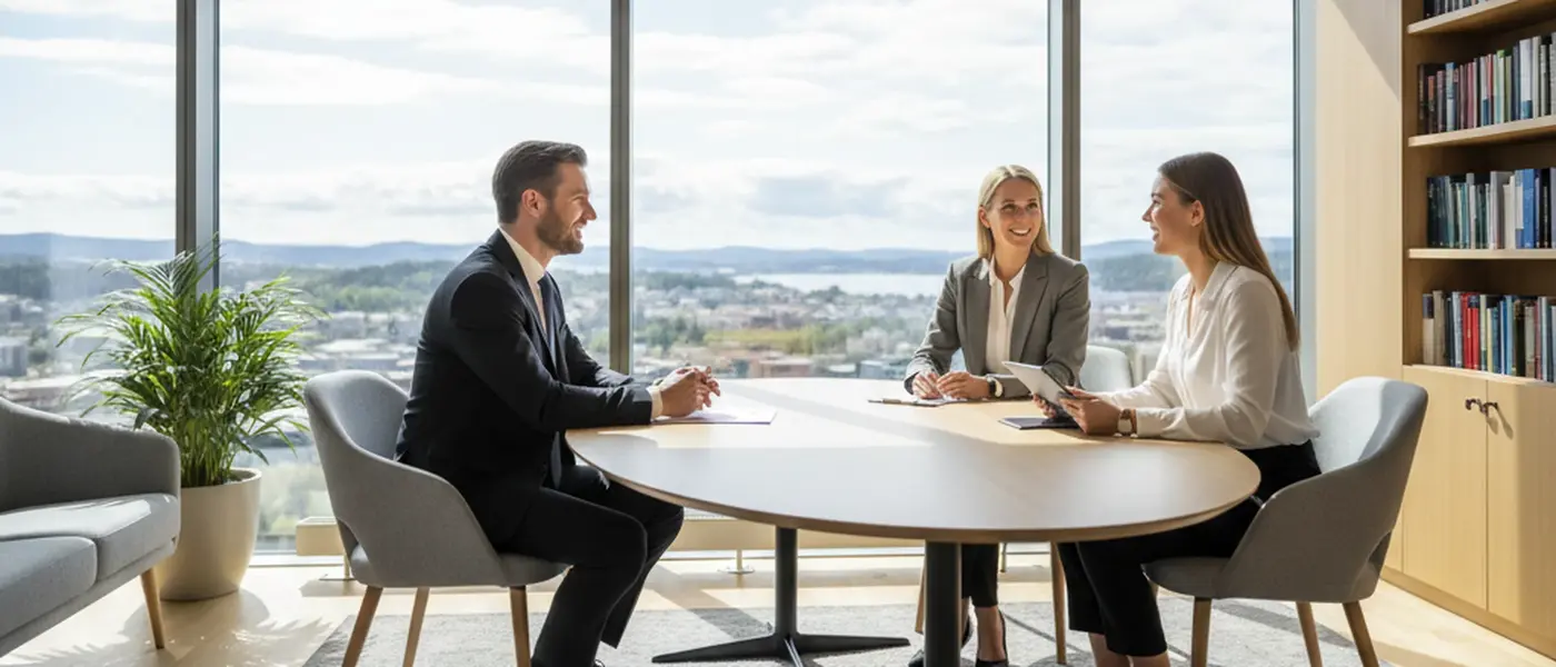 Norsk kvinne gjennomgår juridiske dokumenter med advokat på et moderne kontor i Oslo