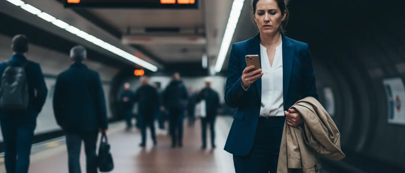 British commuter in business attire on an underground platform checking their phone with a concerned expression