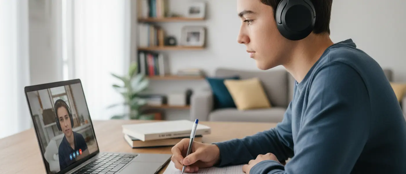 Adolescente português a ter uma aula de explicações online no portátil em casa, com auscultadores e caderno