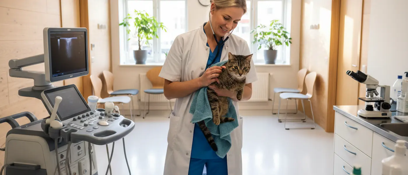 Dyrlæge undersøger en kat på et undersøgelsesbord i en dansk dyreklinik med medicinsk udstyr i baggrunden