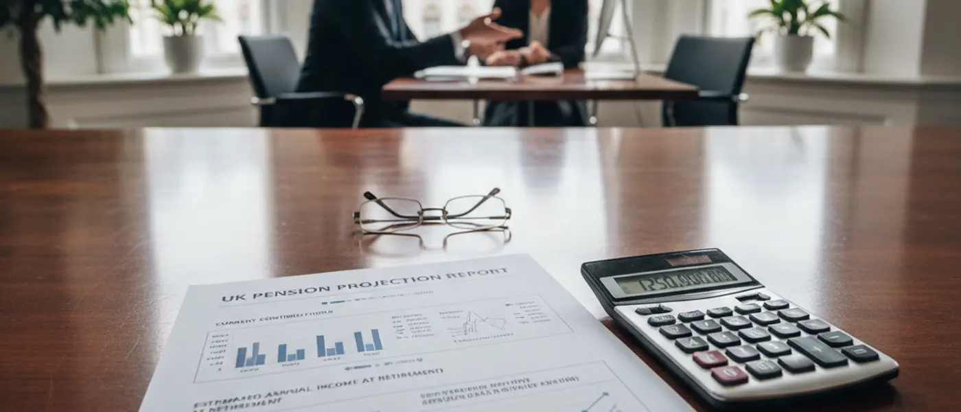 Financial planning documents and a calculator on a professional desk in a UK office