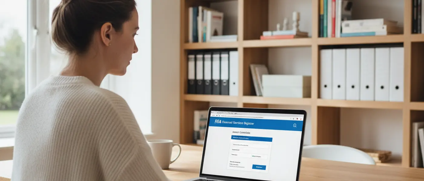 Person checking the FCA Financial Services Register on a laptop in a home office