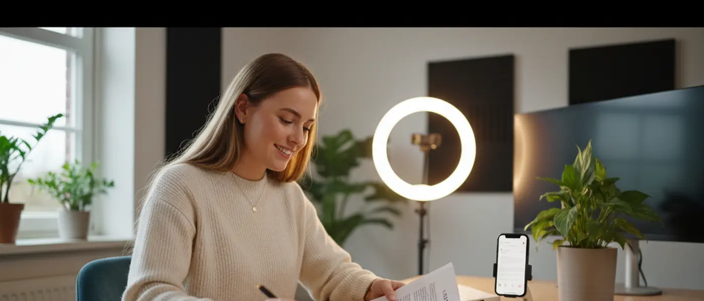 Nederlandse content creator die juridische contractdocumenten bekijkt met smartphone met Instagram naast haar