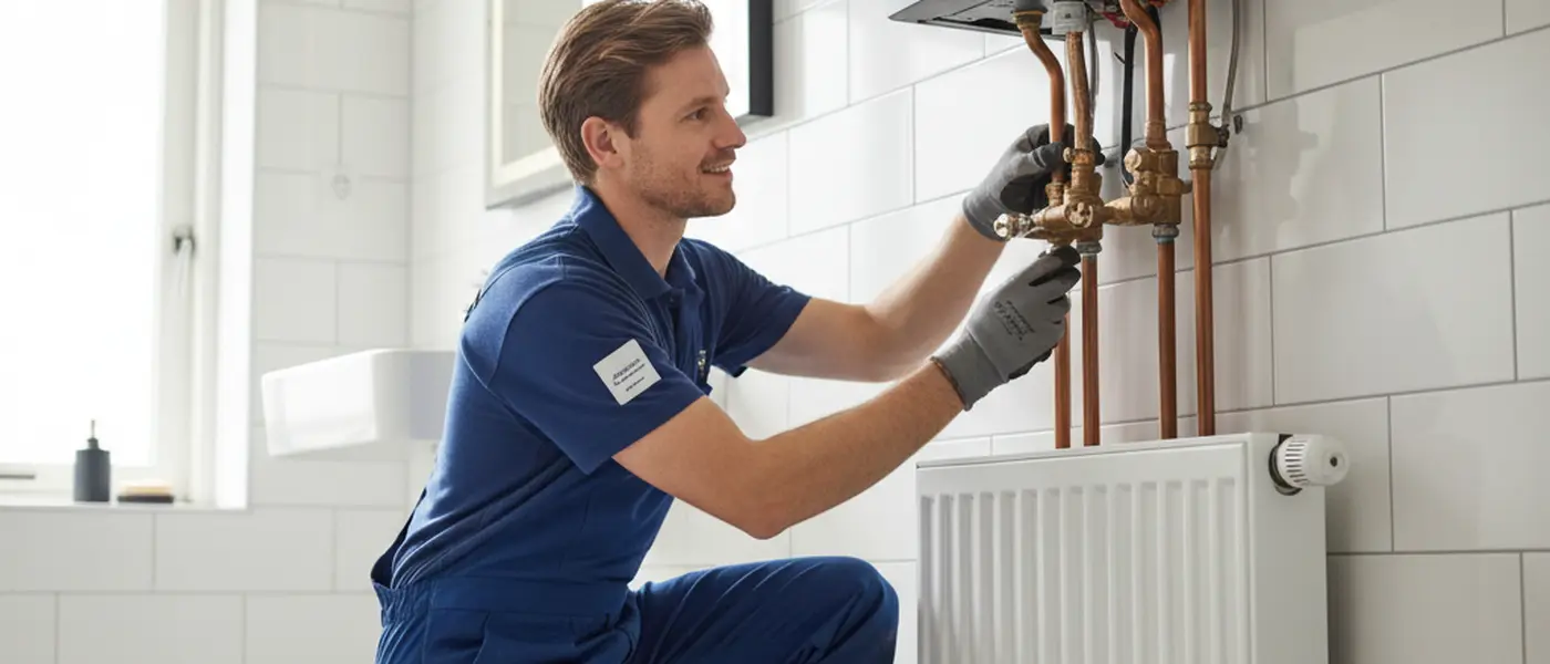 Loodgieter installeert koperen leidingen en een verwarmingssysteem in een moderne Nederlandse badkamer