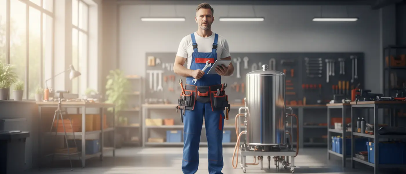 Nederlandse loodgieter in blauwe overall inspecteert koperen leidingen onder een keukenaanrecht