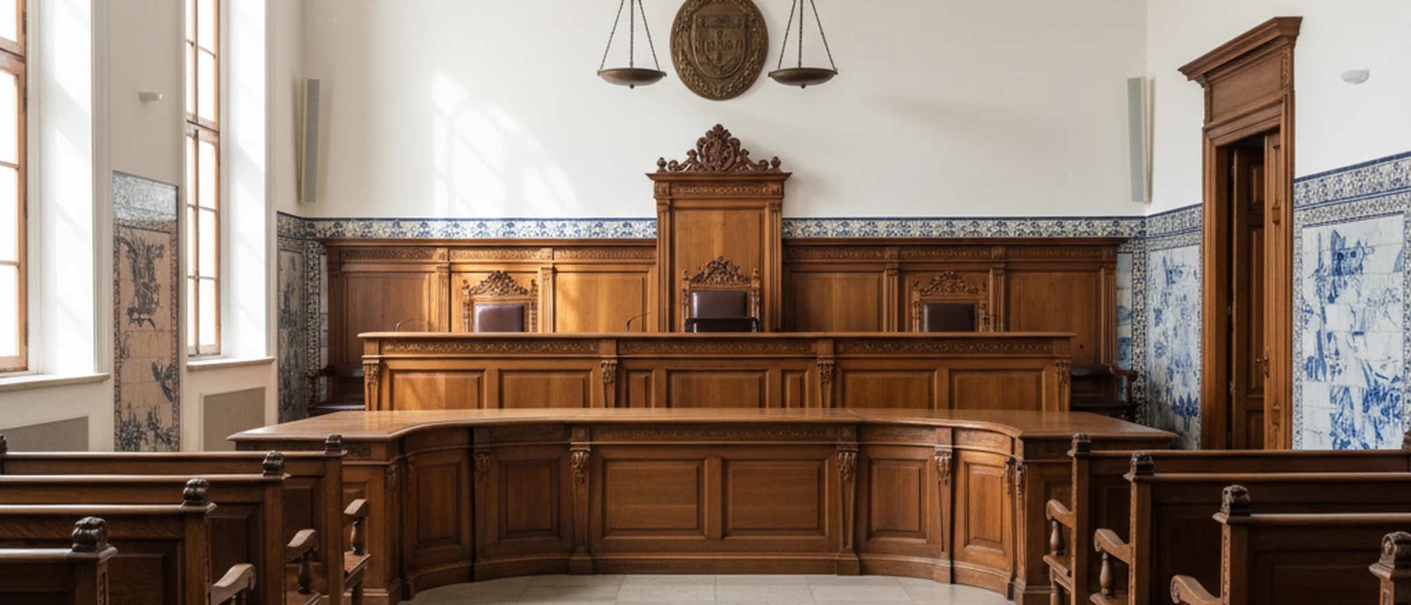 Interior de tribunal do trabalho português com bancos de madeira e símbolo da justiça
