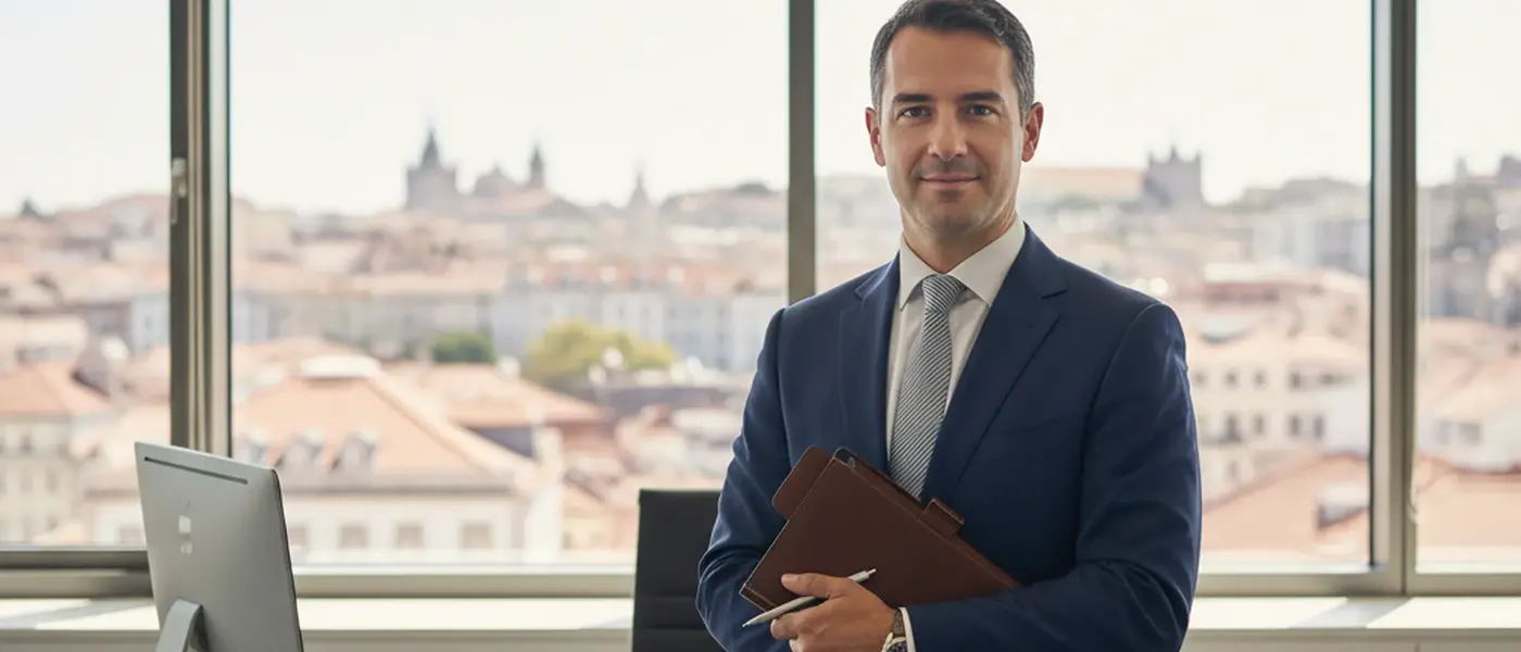 Advogada trabalhista portuguesa a analisar documentos de direito do trabalho num escritório moderno em Lisboa