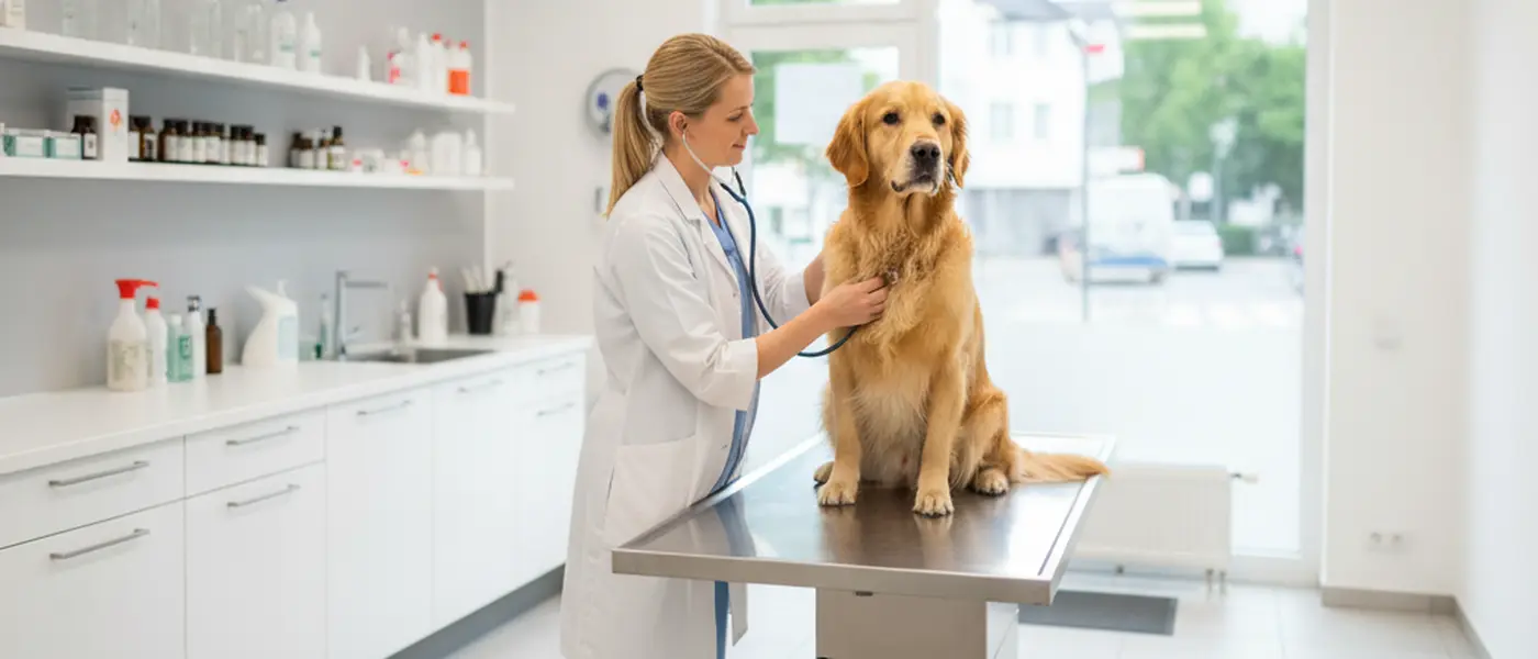 Tierärztin untersucht einen Golden Retriever auf dem Behandlungstisch einer modernen Tierarztpraxis