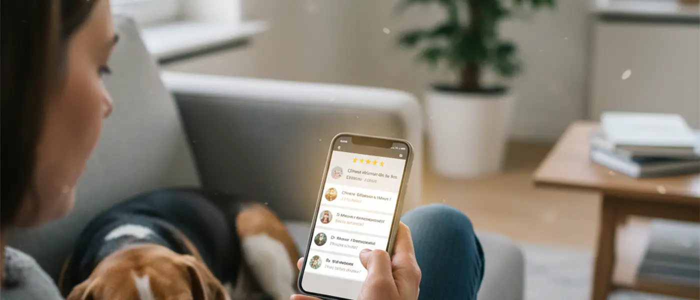 Person vergleicht Tierarztpraxen auf dem Smartphone neben einem schlafenden Beagle auf dem Sofa