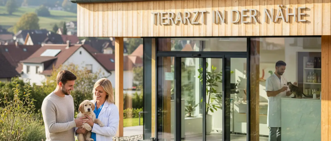 Frau mit Katze im Wartezimmer einer modernen Tierarztpraxis in Deutschland