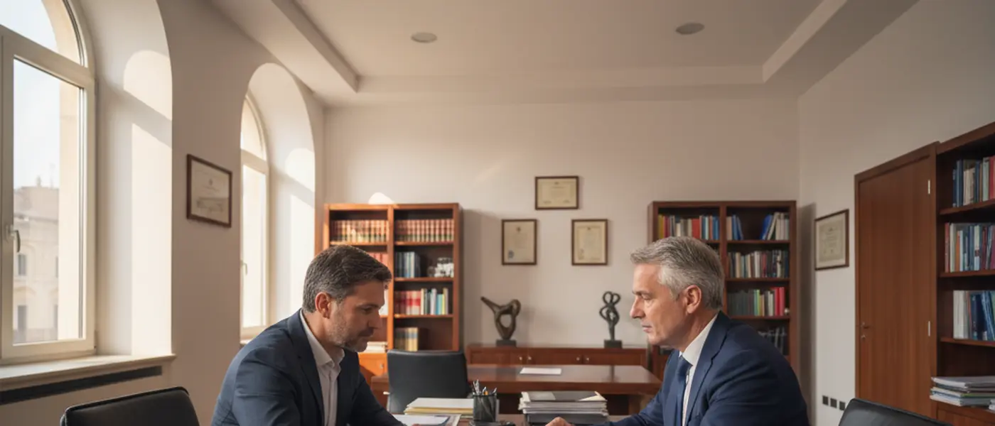 Avvocato italiano che esamina documenti legali con un cliente in uno studio professionale, test del DNA sul tavolo