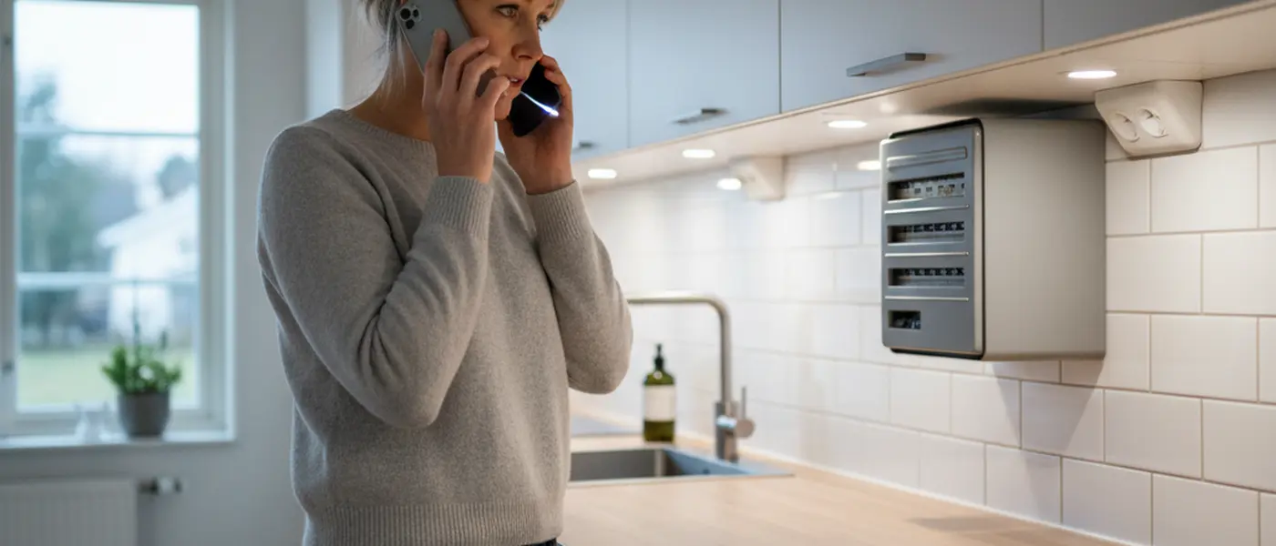 Kvinna lyser med mobilens ficklampa på säkringsskåpet i sitt kök