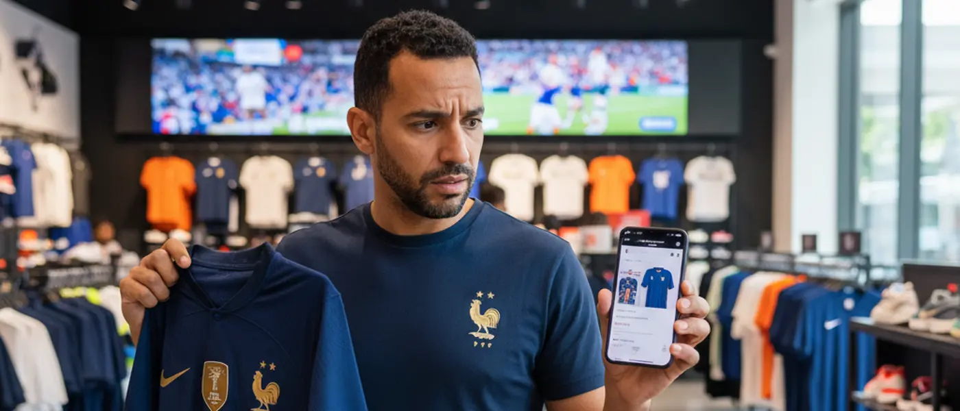 Consommateur français comparant un maillot officiel Nike et une offre en ligne suspecte dans un magasin de sport