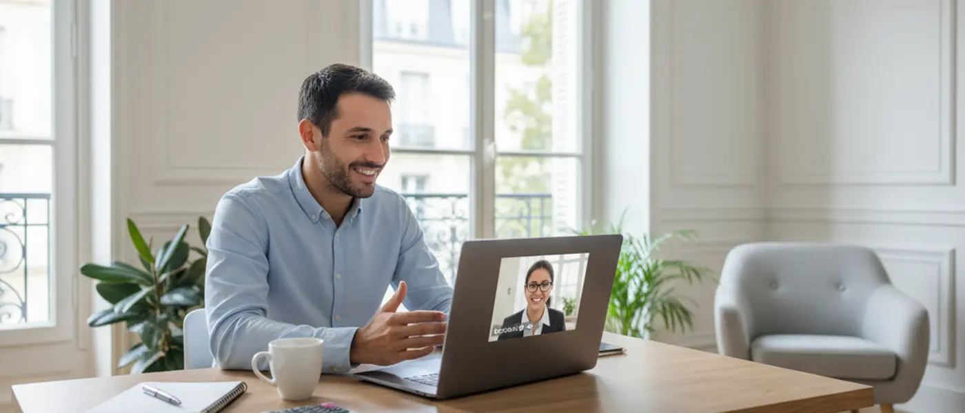 Entrepreneur français travaillant depuis son bureau à domicile, en visioconférence avec un expert-comptable en ligne