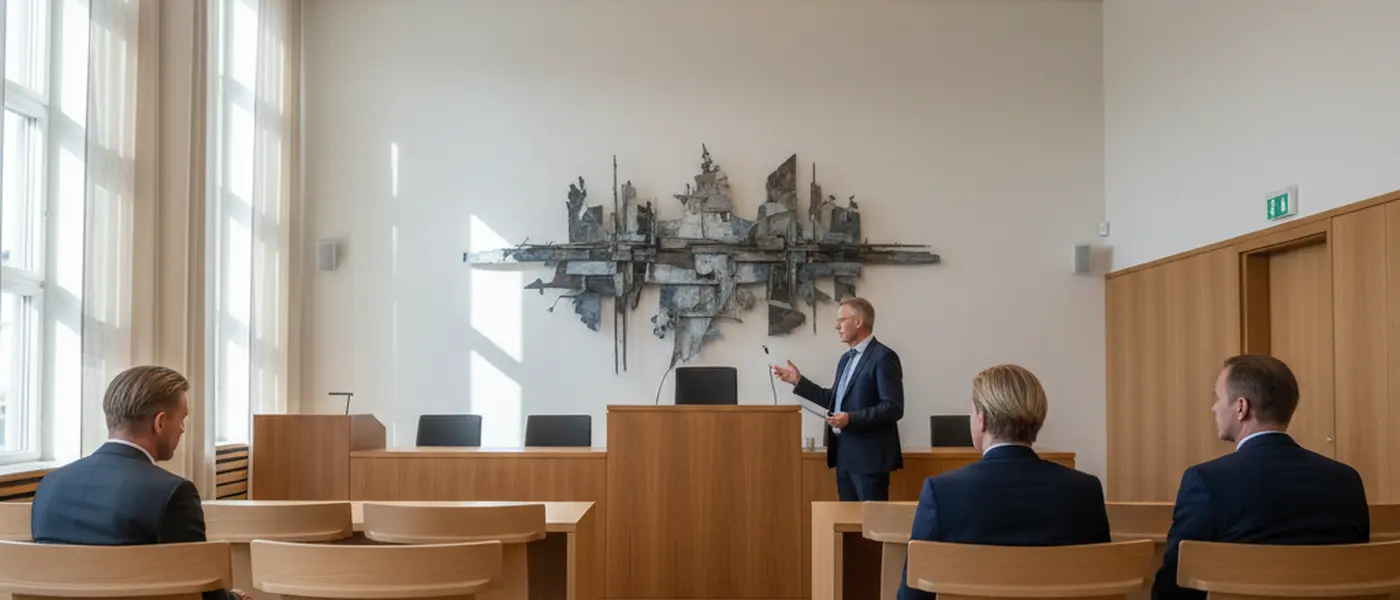 Norsk rettsal med trepanel og dommerpodium i et skandinavisk tinghus