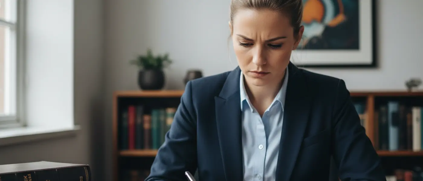 Advokat gjennomgår juridiske dokumenter og lovbøker ved et skrivebord