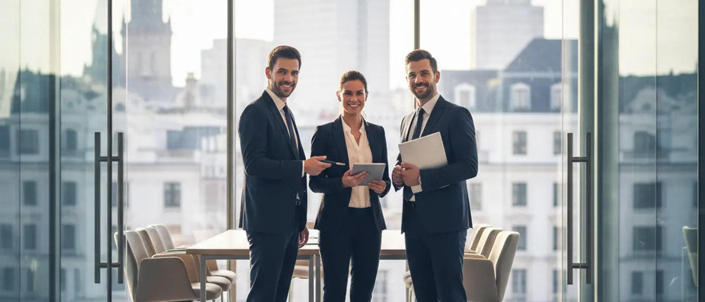 British solicitor reviewing property documents at an oak desk in a modern London law office