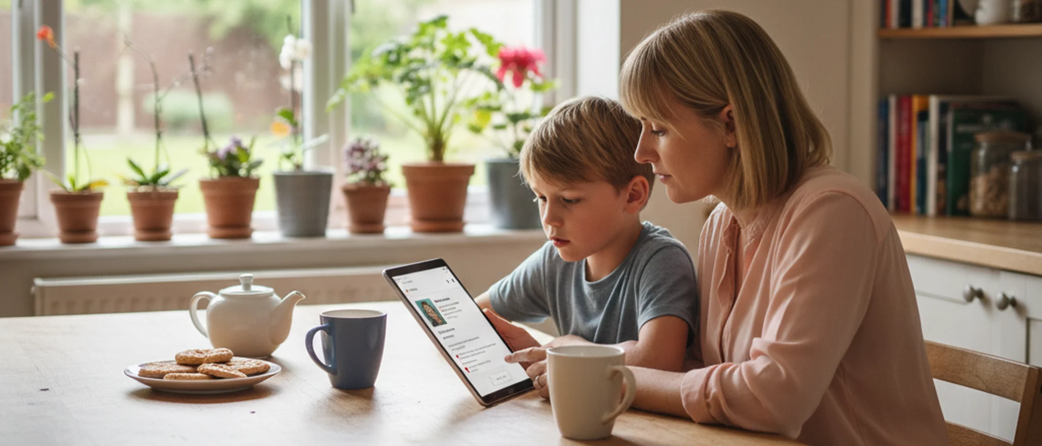 Parent and child reviewing a tutor profile on a tablet at a kitchen table in a cosy British home