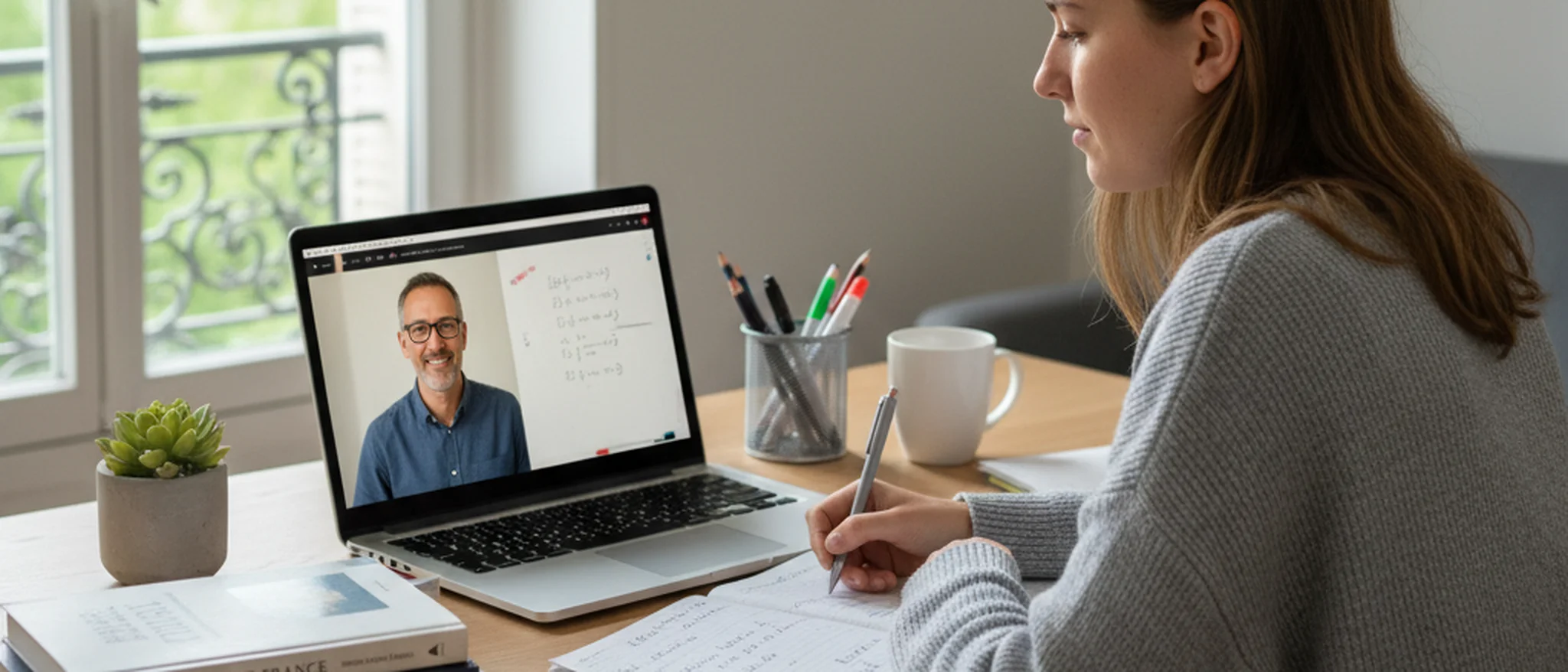 University student taking notes during an online tutoring session at a modern desk with textbooks