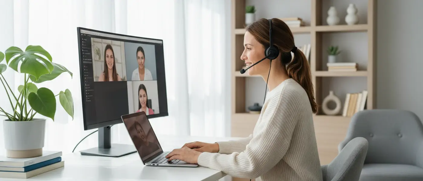British teenage student wearing headphones during an online tutoring video call in a bright home study room