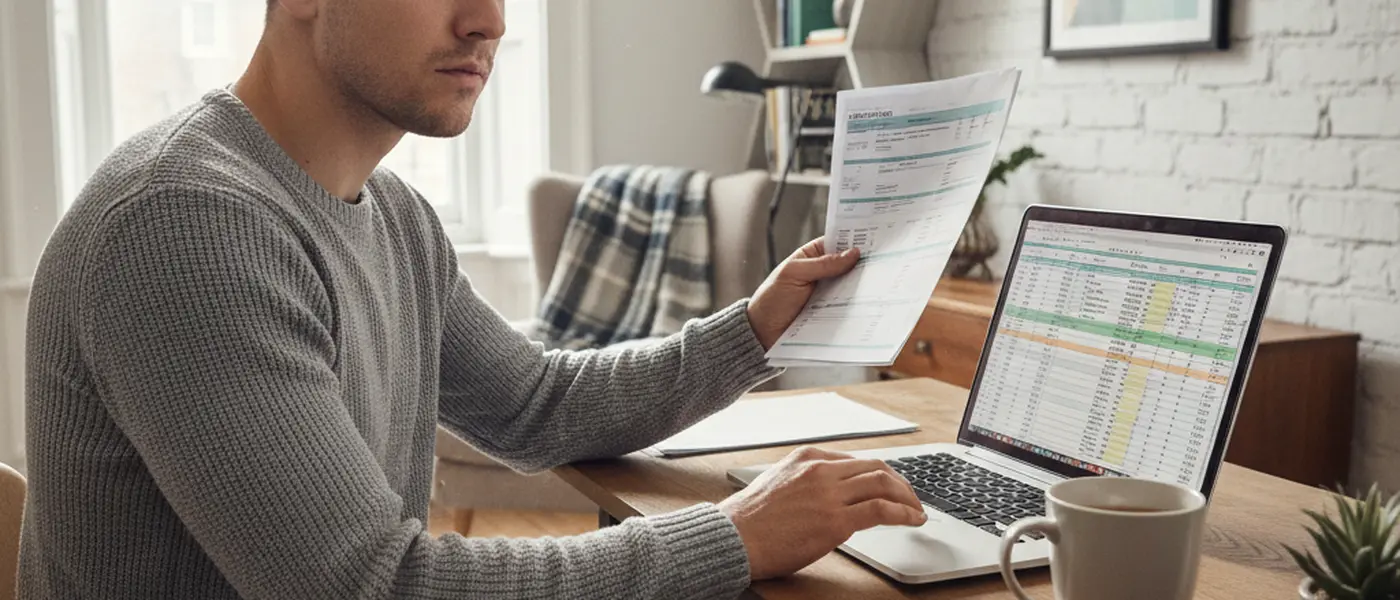 Freelance designer reviewing tax documents at a home office desk in Manchester