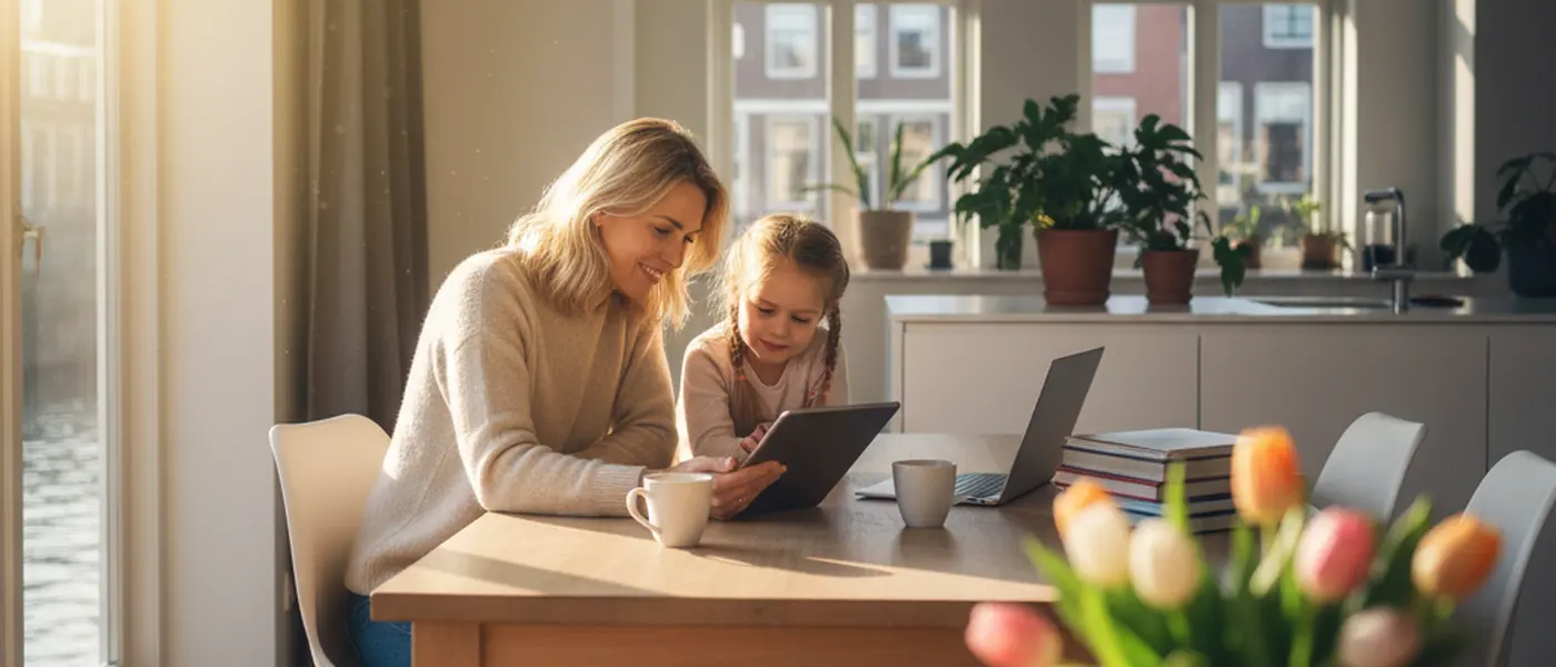 Ouder en kind vergelijken online bijlesopties op een tablet aan de keukentafel