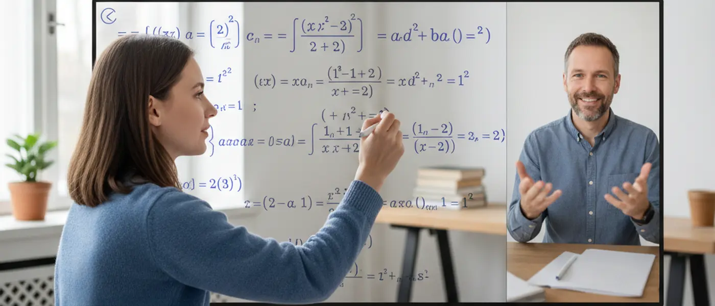 Leerling schrijft wiskundeformules op een digitaal whiteboard tijdens online bijles