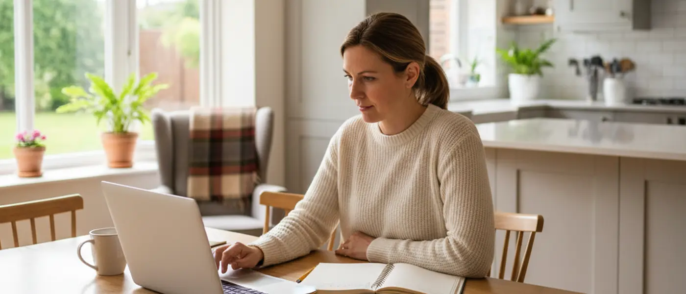 Person researching solicitors on a laptop at a kitchen table in a British home, with documents and a notepad beside them