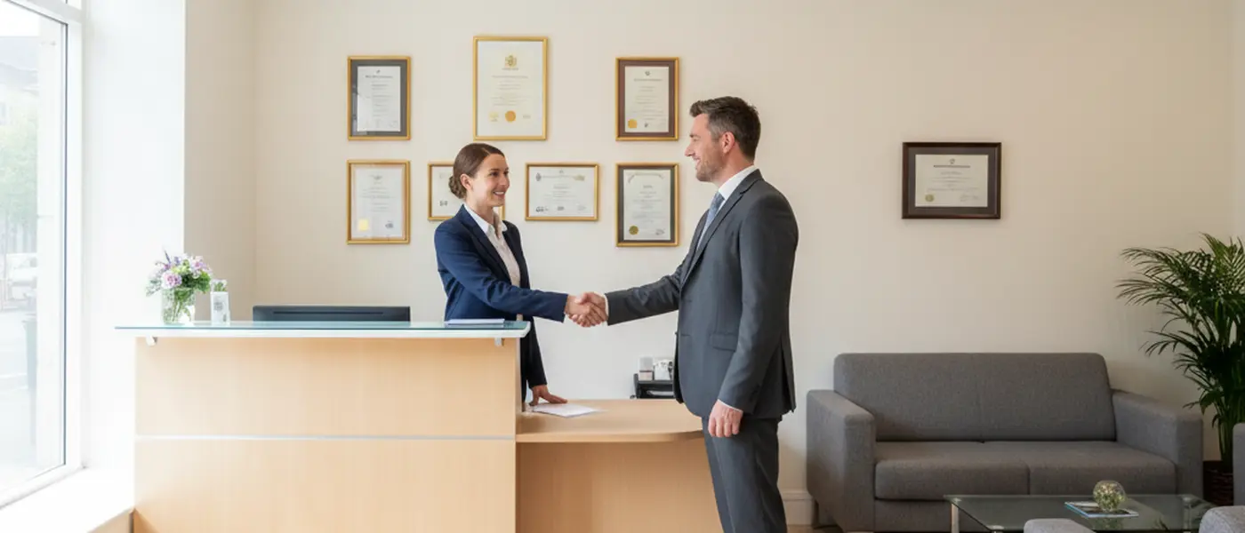 Reception area of a UK solicitors office with a receptionist greeting a client at the front desk