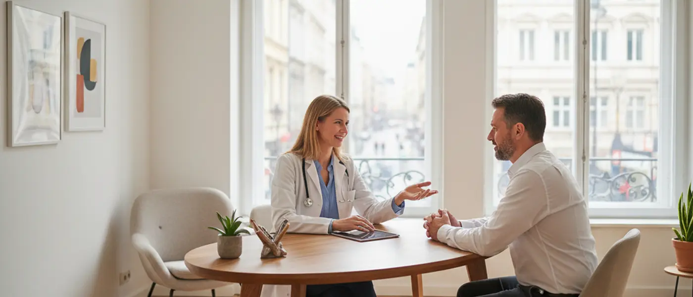Medica de familia brasileira atendendo paciente em consultorio de UBS moderna em Sao Paulo