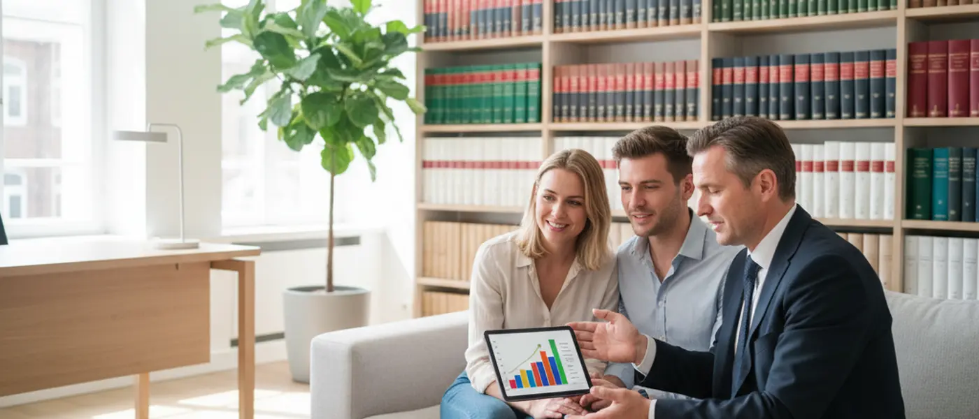 Steuerberater erklärt einem jungen Paar Finanzdaten auf einem Tablet in einem hellen Beratungsraum