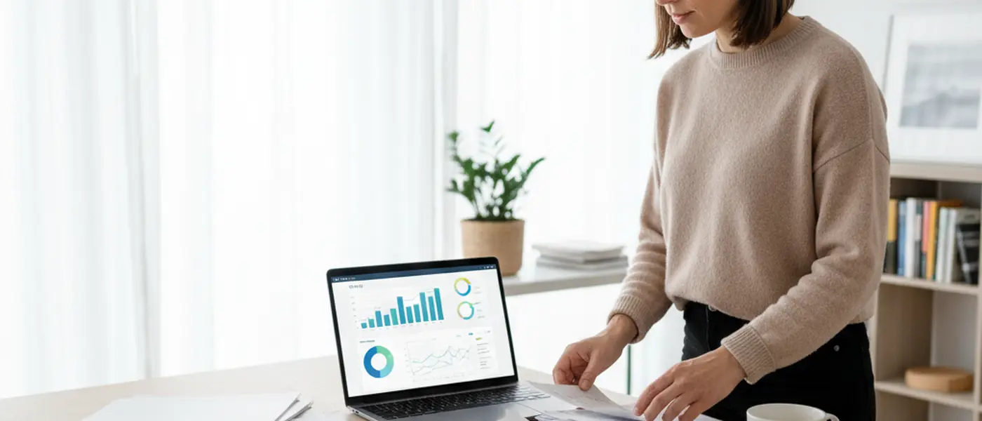 Frau ordnet Steuerunterlagen und Belege auf einem Schreibtisch im Homeoffice mit Laptop und Lesebrille