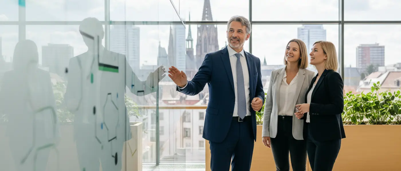 Steuerberater bespricht Steuerunterlagen mit einem Mandanten in einer modernen Kanzlei in Frankfurt