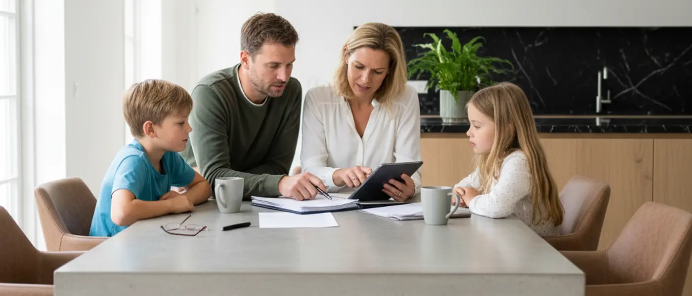 Nederlands gezin bespreekt huurcontract aan keukentafel in modern huis