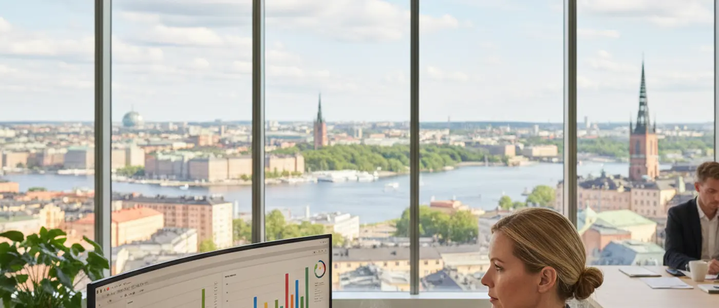 Svensk finansrådgivare granskar investeringsgrafer på dator i professionellt kontor