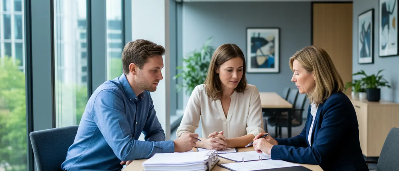 Couple consulting a family law solicitor at a modern UK law firm