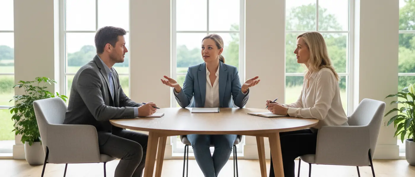 Mediator facilitating a discussion between two people at a round table in a bright meeting room