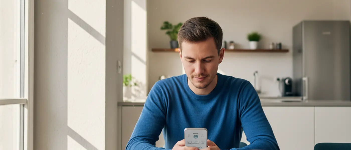 Junger Mann prüft seine Finanzen am Smartphone in einer hellen Küche mit Kaffeetasse