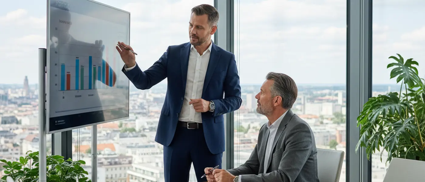 Finanzberater erklärt einem Kunden ein Portfolio-Diagramm in einem modernen Büro