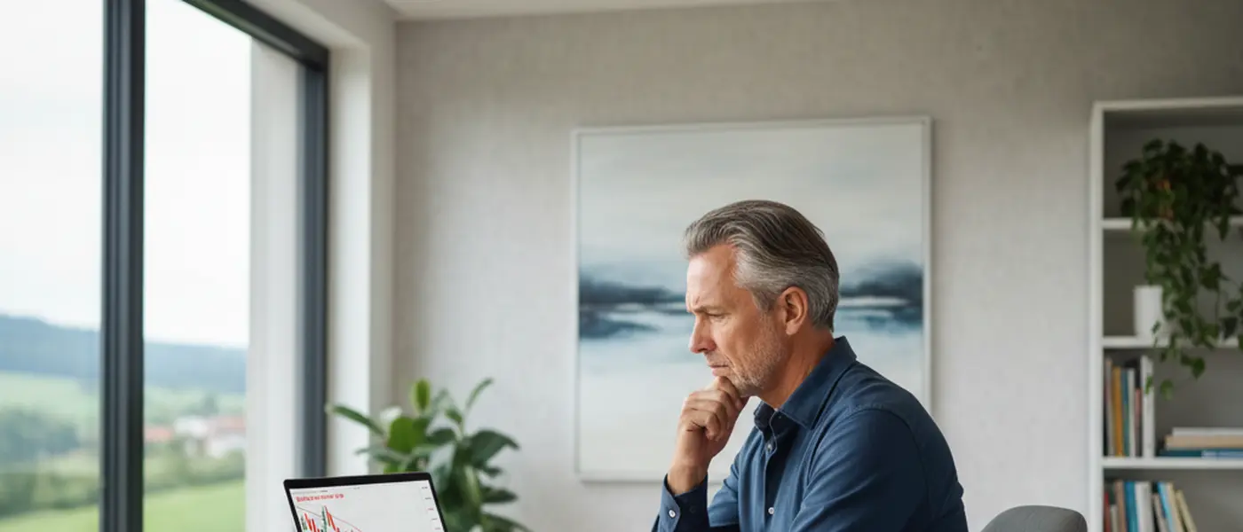 Mann am Computer verfolgt fallende Aktienkurse mit besorgtem Blick