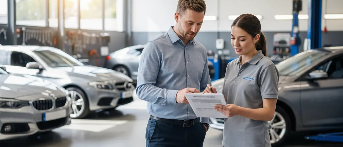 Customer and garage receptionist reviewing an itemised car repair estimate on a clipboard in a modern UK workshop