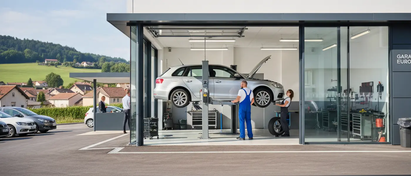 British mechanic in blue overalls inspecting the undercarriage of a car on a hydraulic lift in a clean, well-lit UK garage