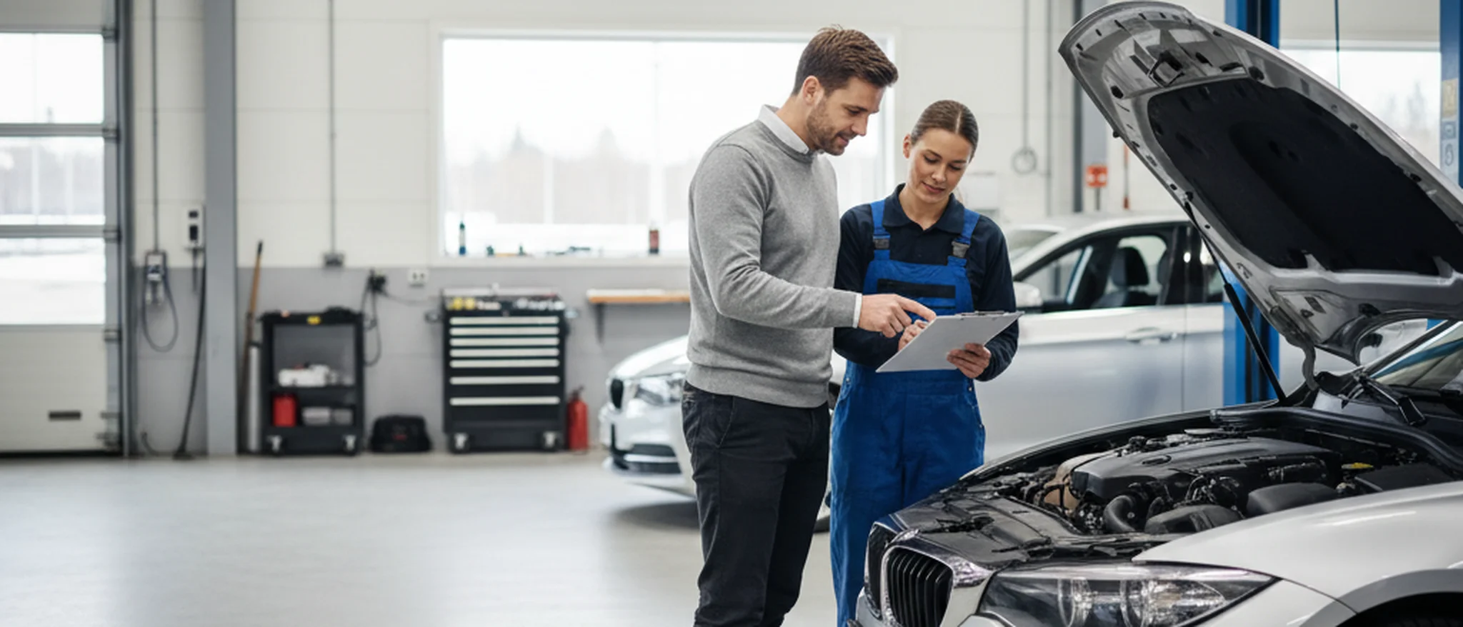 Kunde og mekaniker diskuterer et skriftlig prisoverslag ved siden av en bil med åpen panser på et norsk verksted