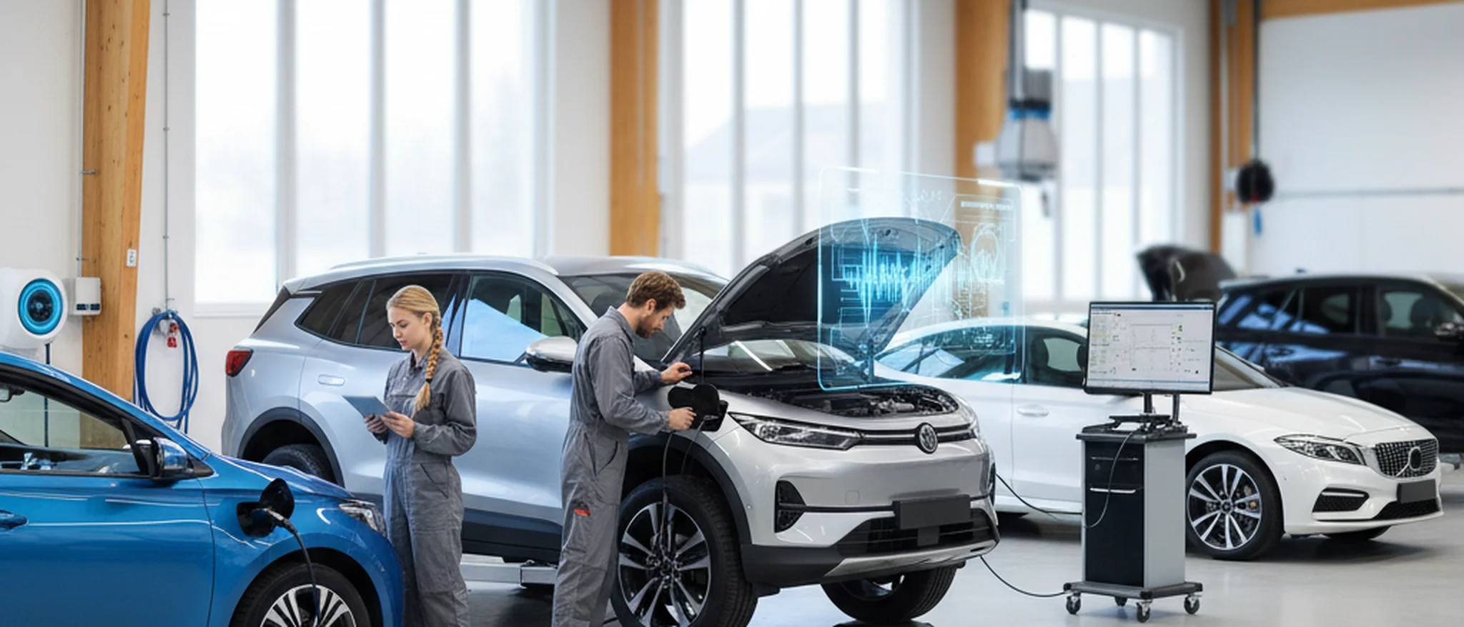 Elektriske biler på rekke inne i et moderne skandinavisk verksted med ladestasjoner og digitale diagnoseskjermer