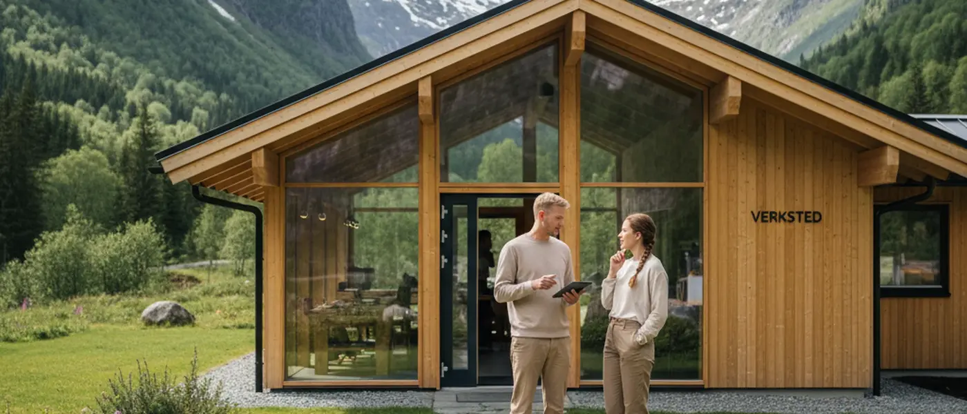 Norsk bilmekaniker i blå kjeledress inspiserer undersiden av en sedan løftet opp i et moderne verksted