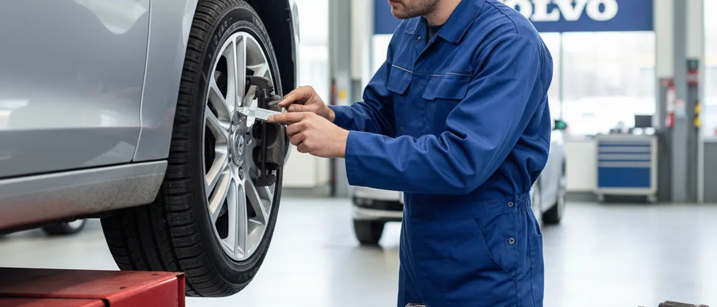 Mekaniker kontrollerar bromsbelägg på en bil lyft på en hydraulisk ramp i en svensk verkstad