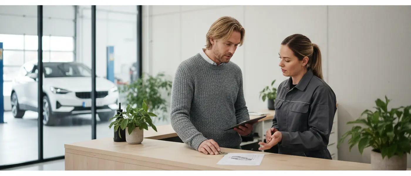 Bilägare diskuterar servicefaktura med mekaniker vid en verkstadsreception i skandinavisk miljö