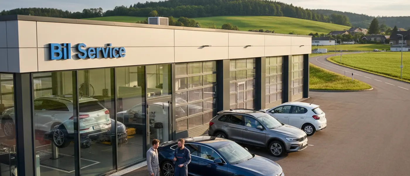 Svensk bilmekaniker inspekterar motorutrymmet på en Volvo i en modern, välbelyst verkstad