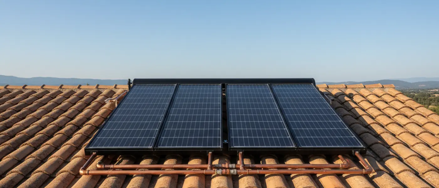 Capteurs solaires thermiques installés sur un toit en tuiles dans le sud de la France, tuyaux en cuivre visibles sous un ciel dégagé